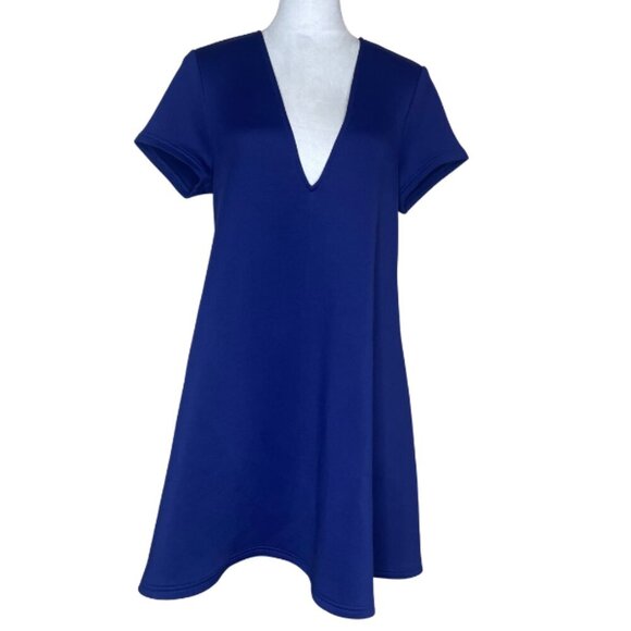 Tobi Women's Cobalt Blue Neoprene Swing Away Shift Low V-Neck Maxi Dress Sz L - Picture 2 of 10